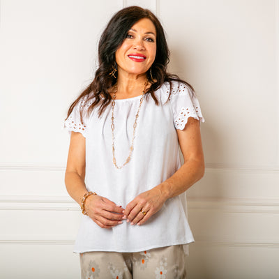 The white Linen Blend Flutter Top with an elasticated bardot neckline so the top can be worn on or off the shoulder